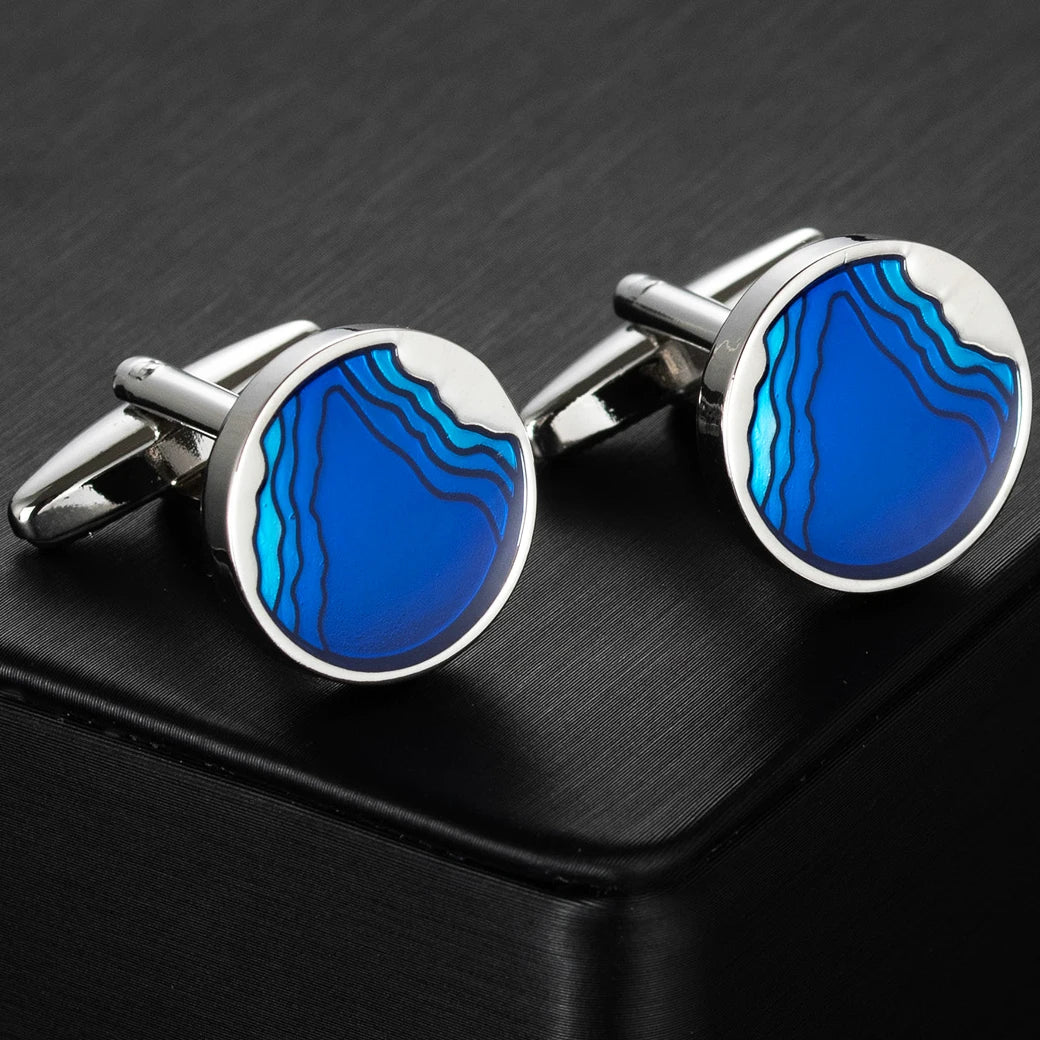 Blue round silver metal wave Cufflinks