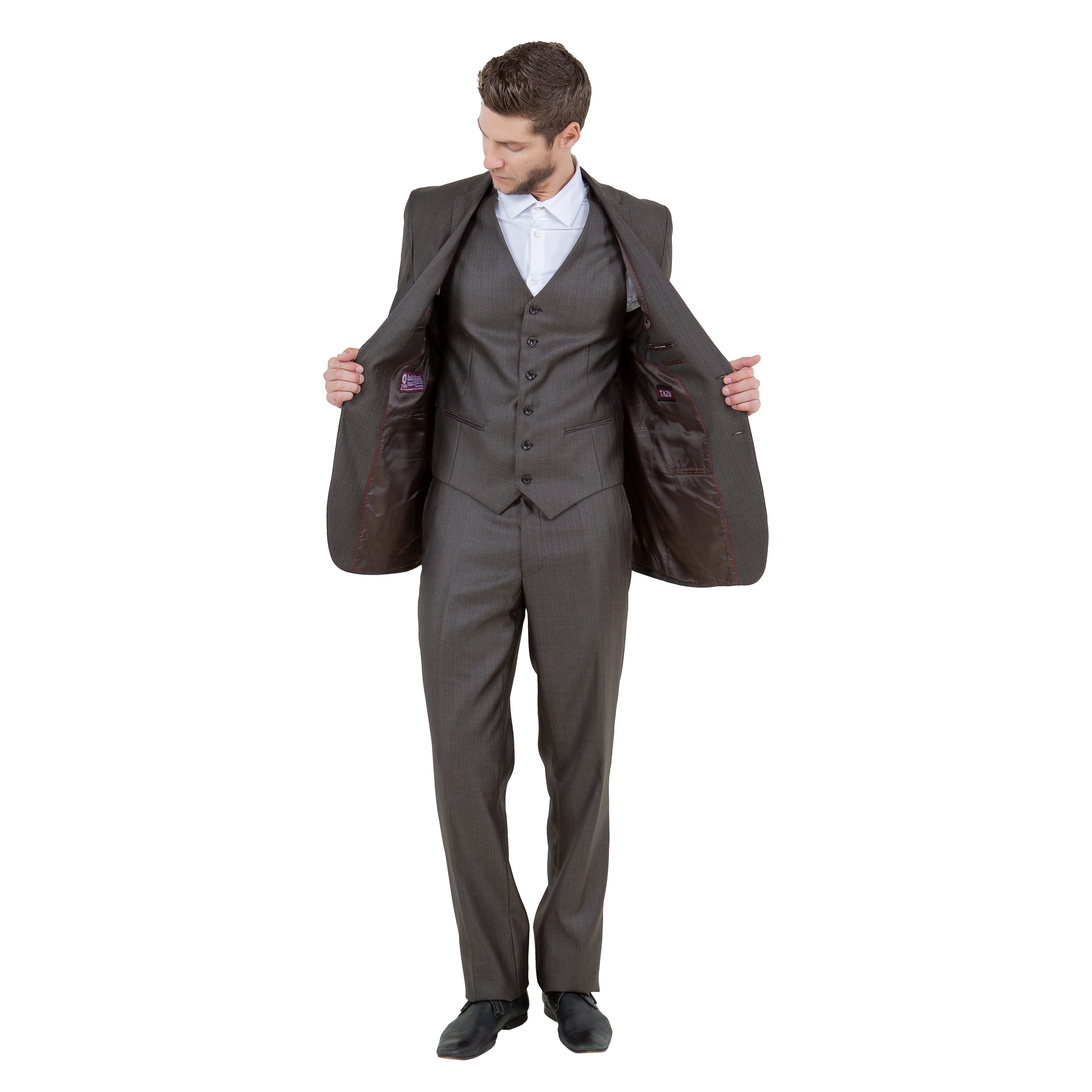 Brown Solid Shiny Sharkskin 3-PC Regular Modern Fit Suits