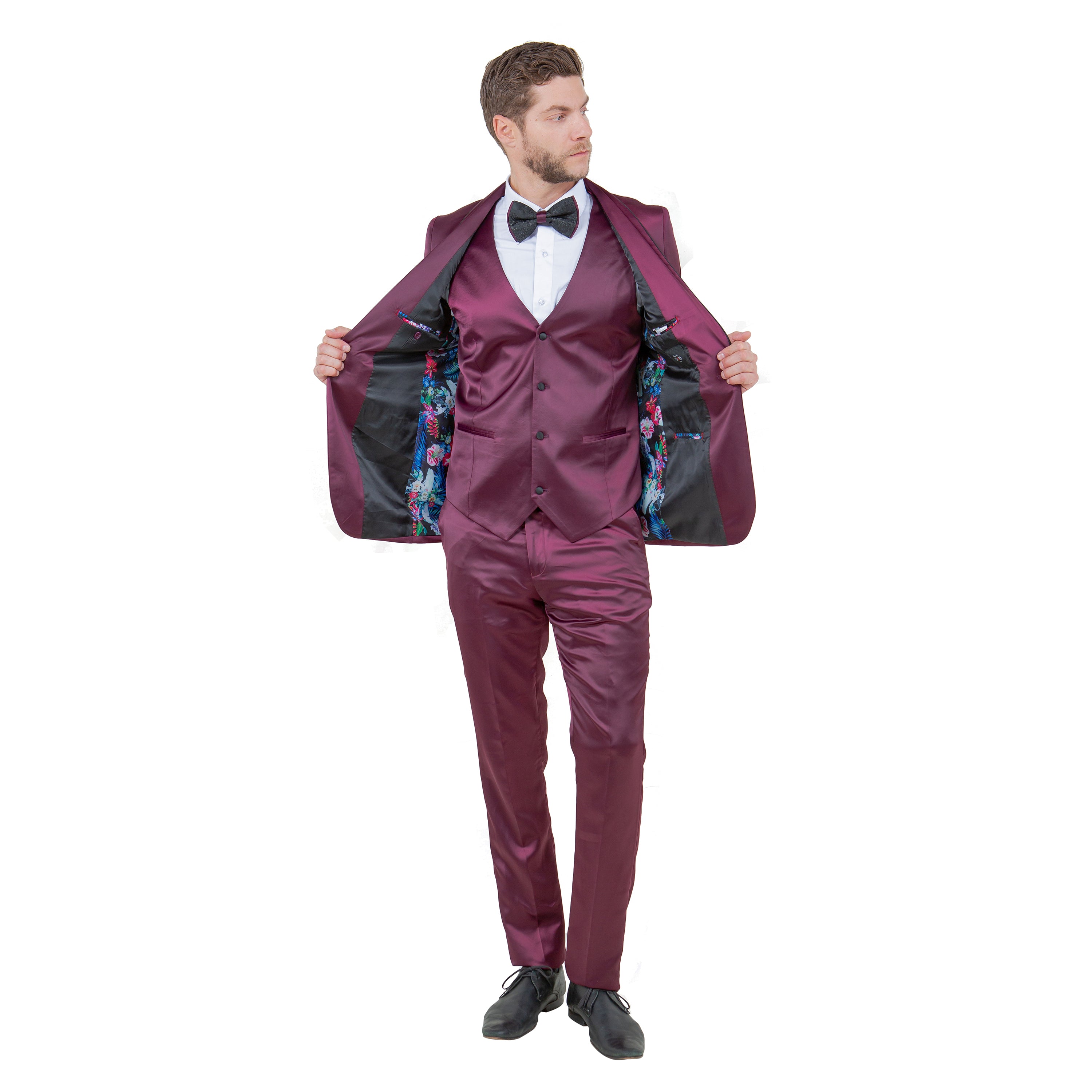 Mens 3pc Solid Satin Suit Set w/ Free Bowtie