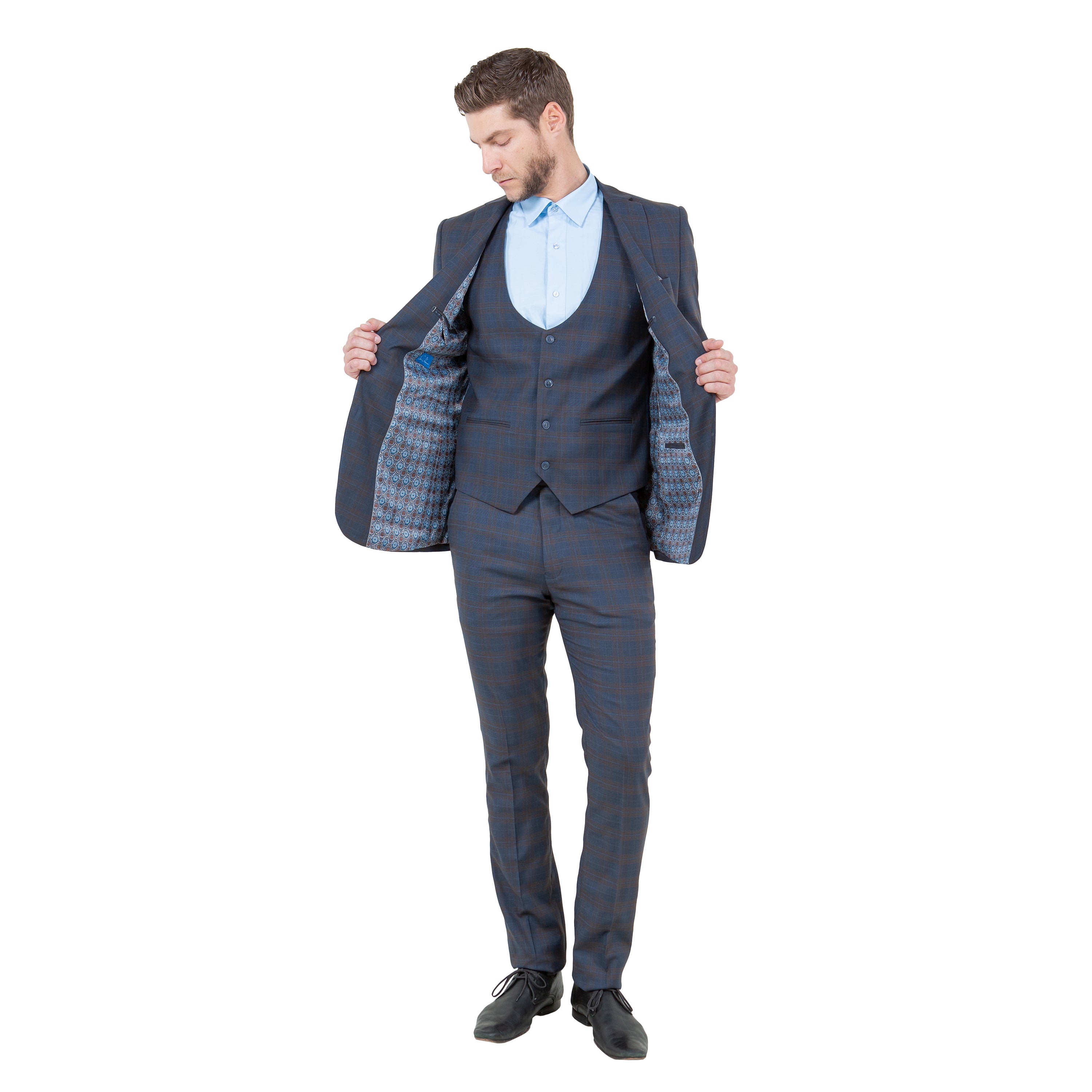 Men's Skinny-Fit Glen Plaid 3pc Suit Set w/ U-Neck Vest