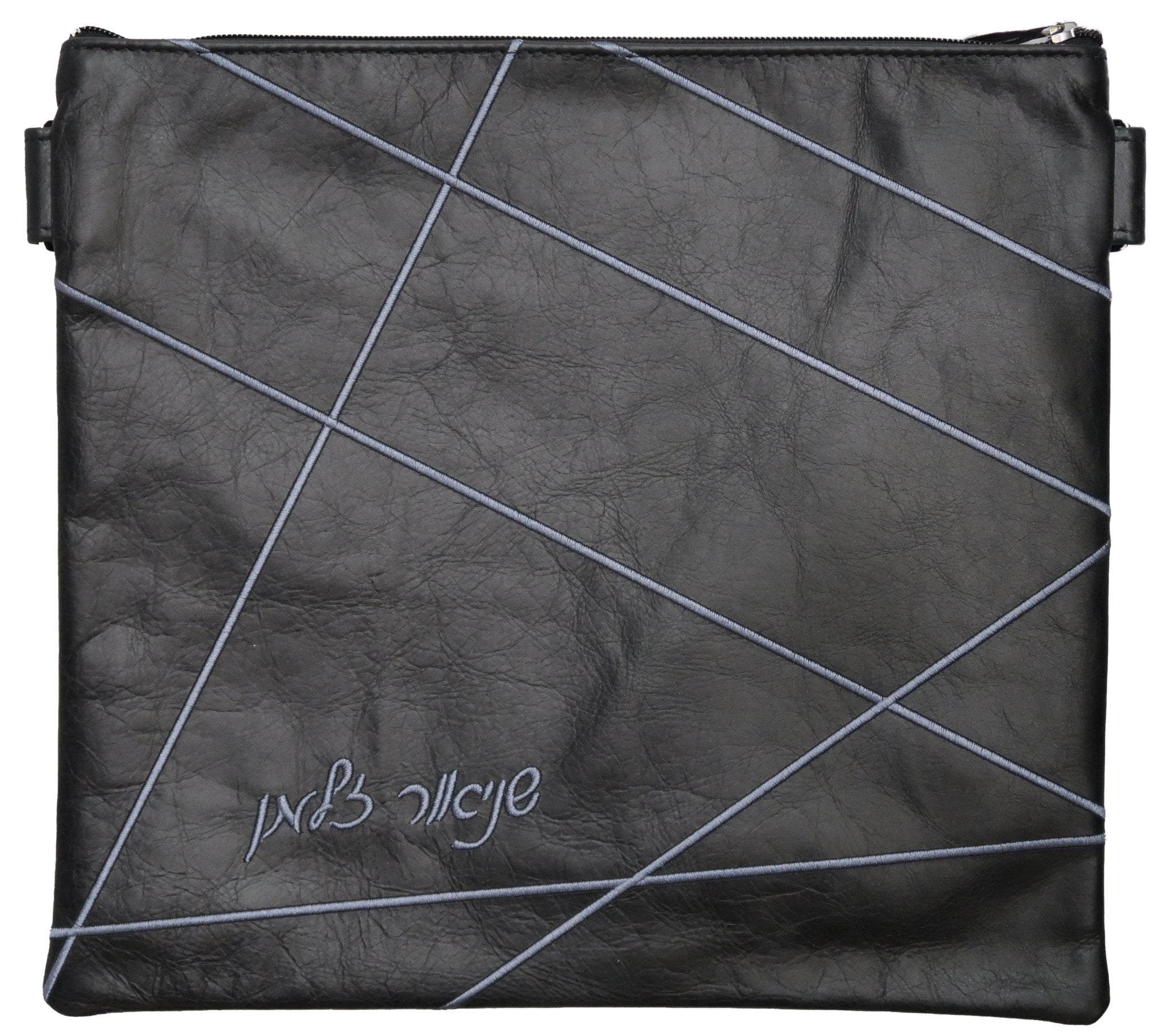 Artistic lines Tallis and Tefillin distressed black leather bag - Simcha Couture