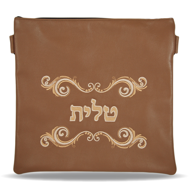 Tan Leather Tallis and Teffilin Bag Double Swirl Elegant design