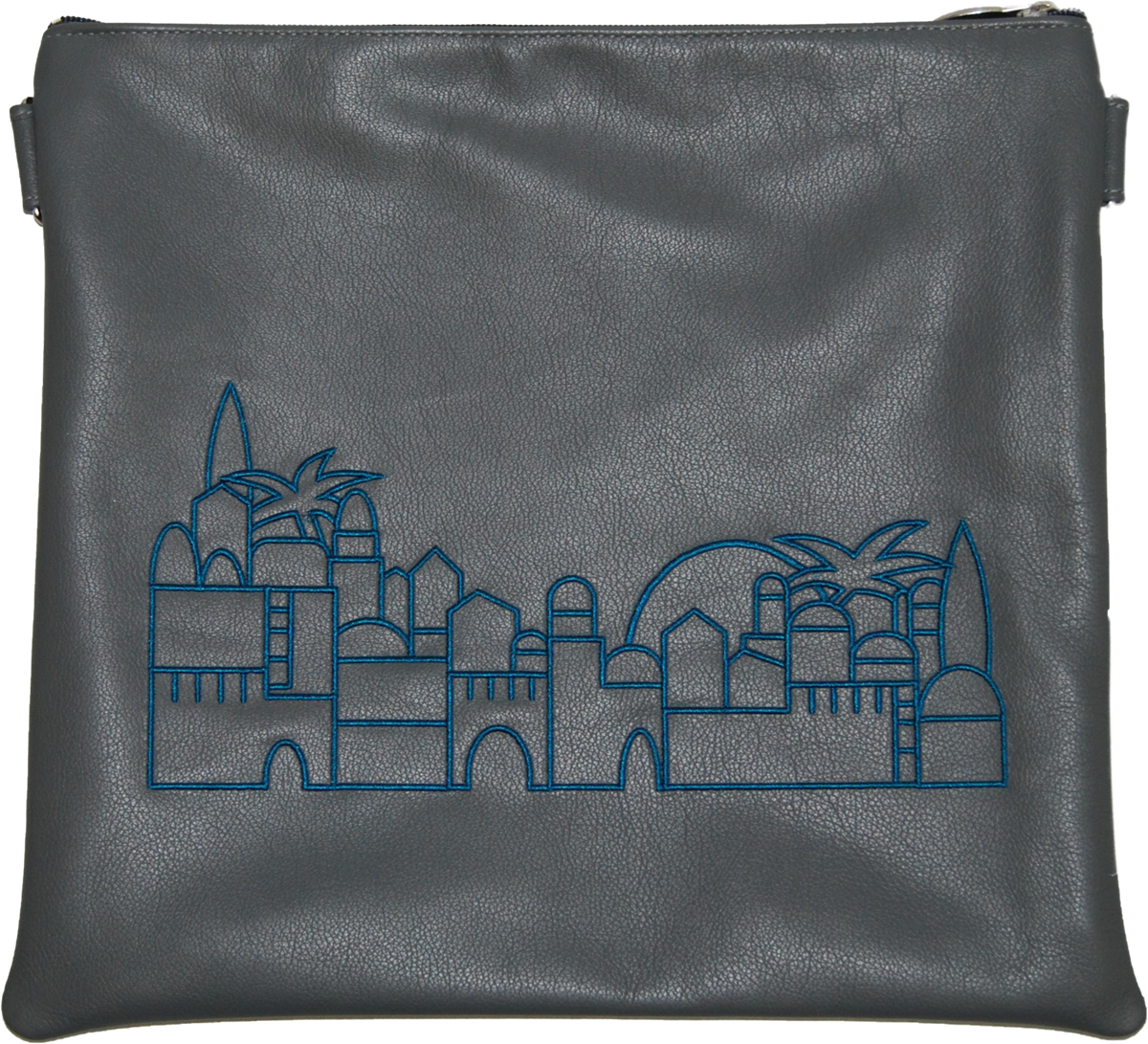 Modern Yerushalayim design Tallis and tefilin light grey leather tefillin bag