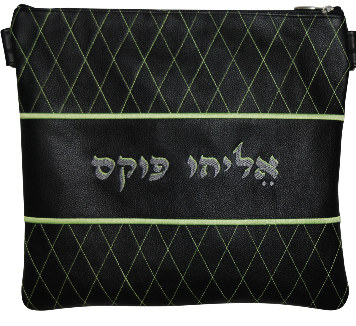 Lime green Embroidered Diamonds on black leather with center panel for name