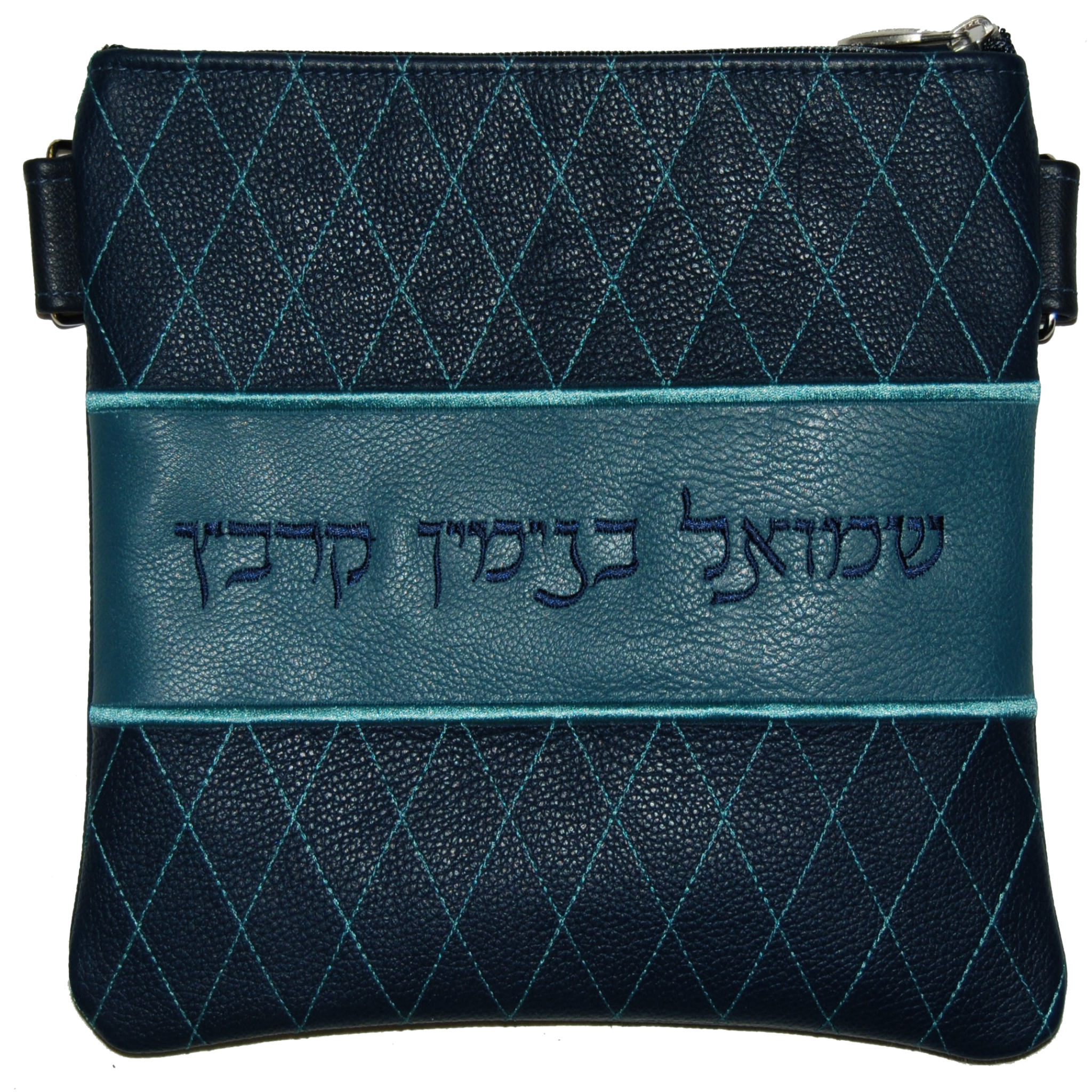 Teal embroidered diamonds on cobalt leather with teal center panel for the name