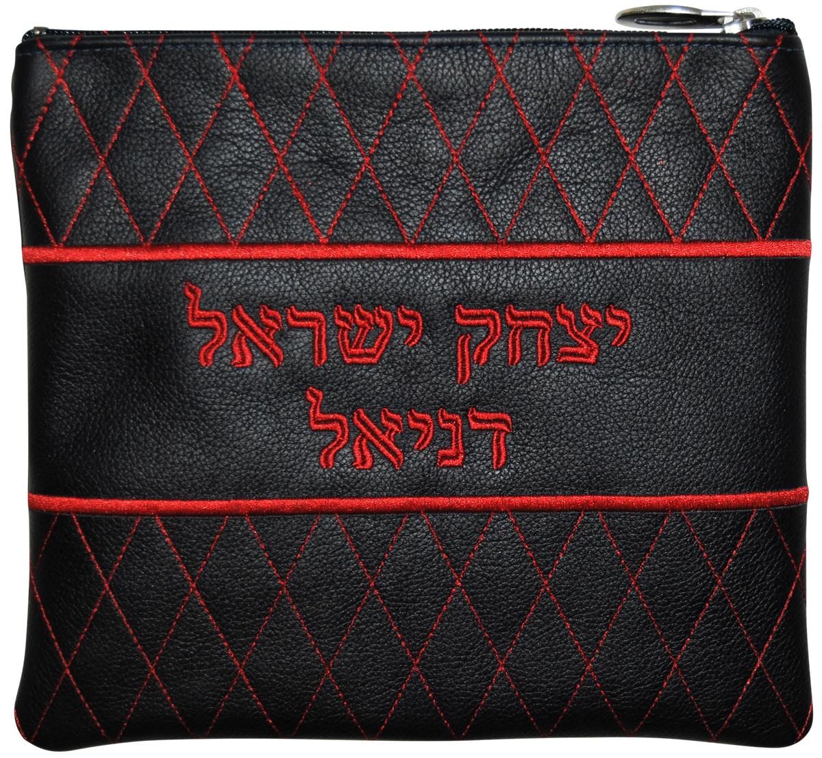 Red embroidered diamonds on navy leather with name in center panel
