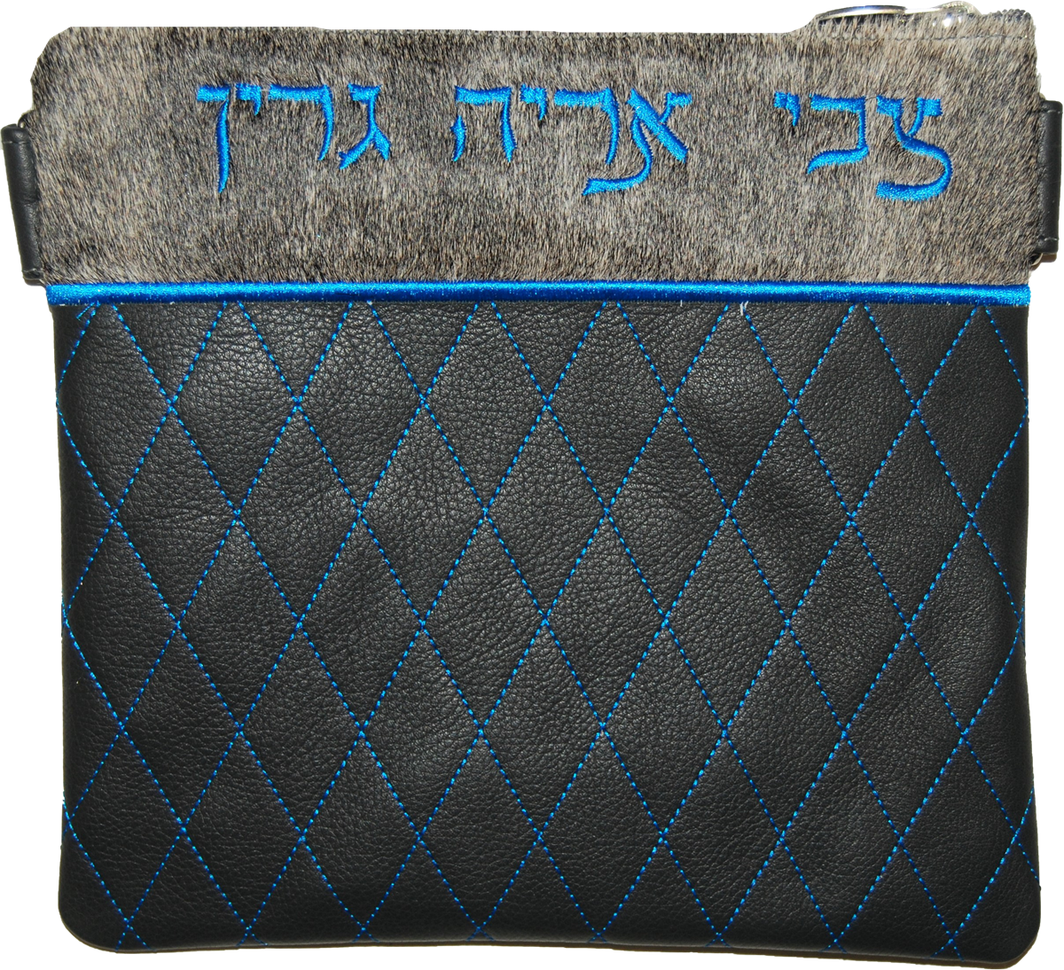 Bright blue Embroidered Diamonds on charcoal leather with salt and pepper brindle hair-on