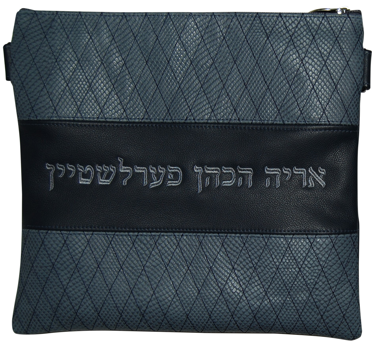 Navy embroidered diamond on grey snake leather with navy center strip for the name