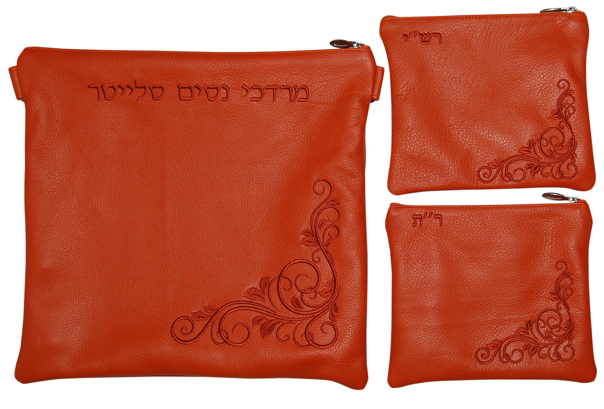 Orange corner swirl design on orange leather
