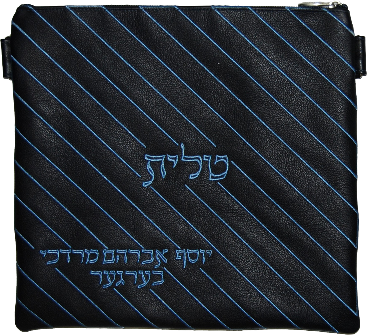 Light blue diagonal pinstripe embroidery design on navy leather Tallis and tefillin bag