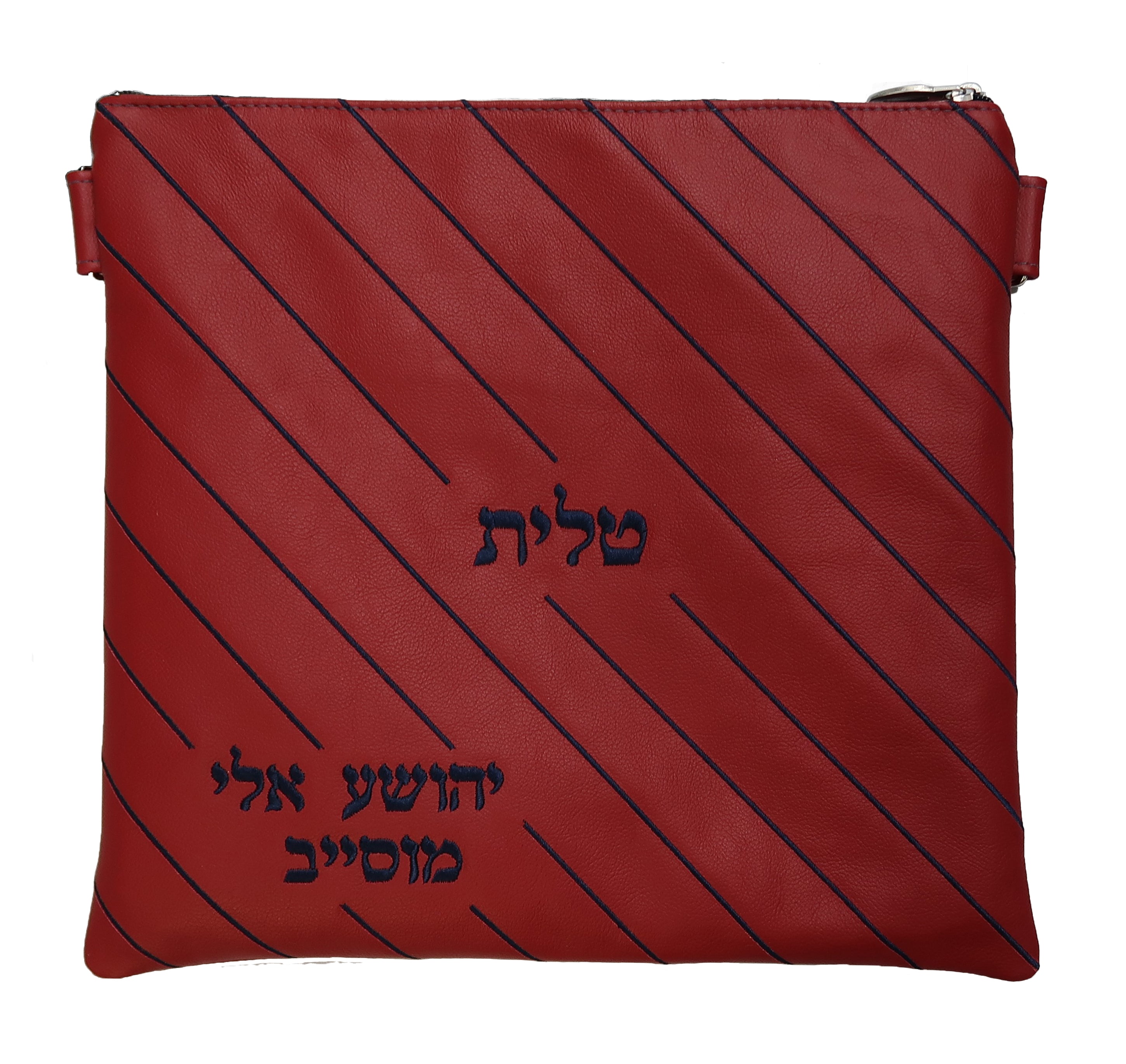 Navy pinstripe embroidery design on Red leather Tallis and tefillin bag