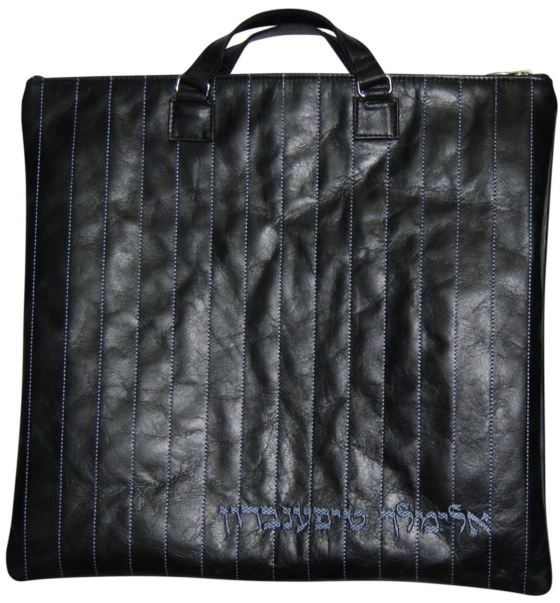 Smoke pinstripe embroidery design on black distressed leather Tallis and tefillin bag