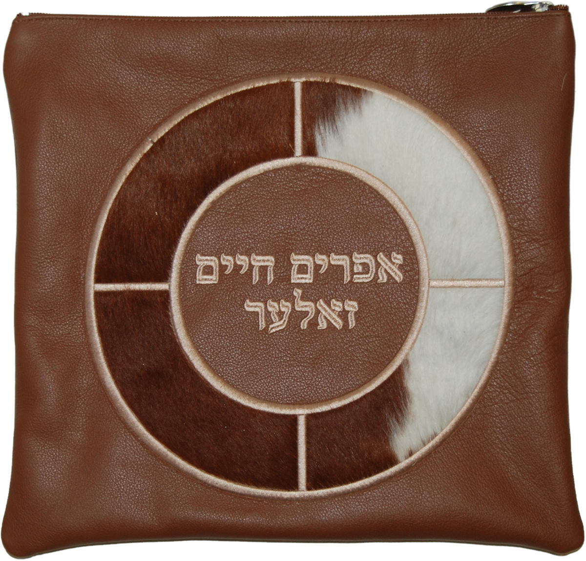 hair-on circle frame design on tan leather