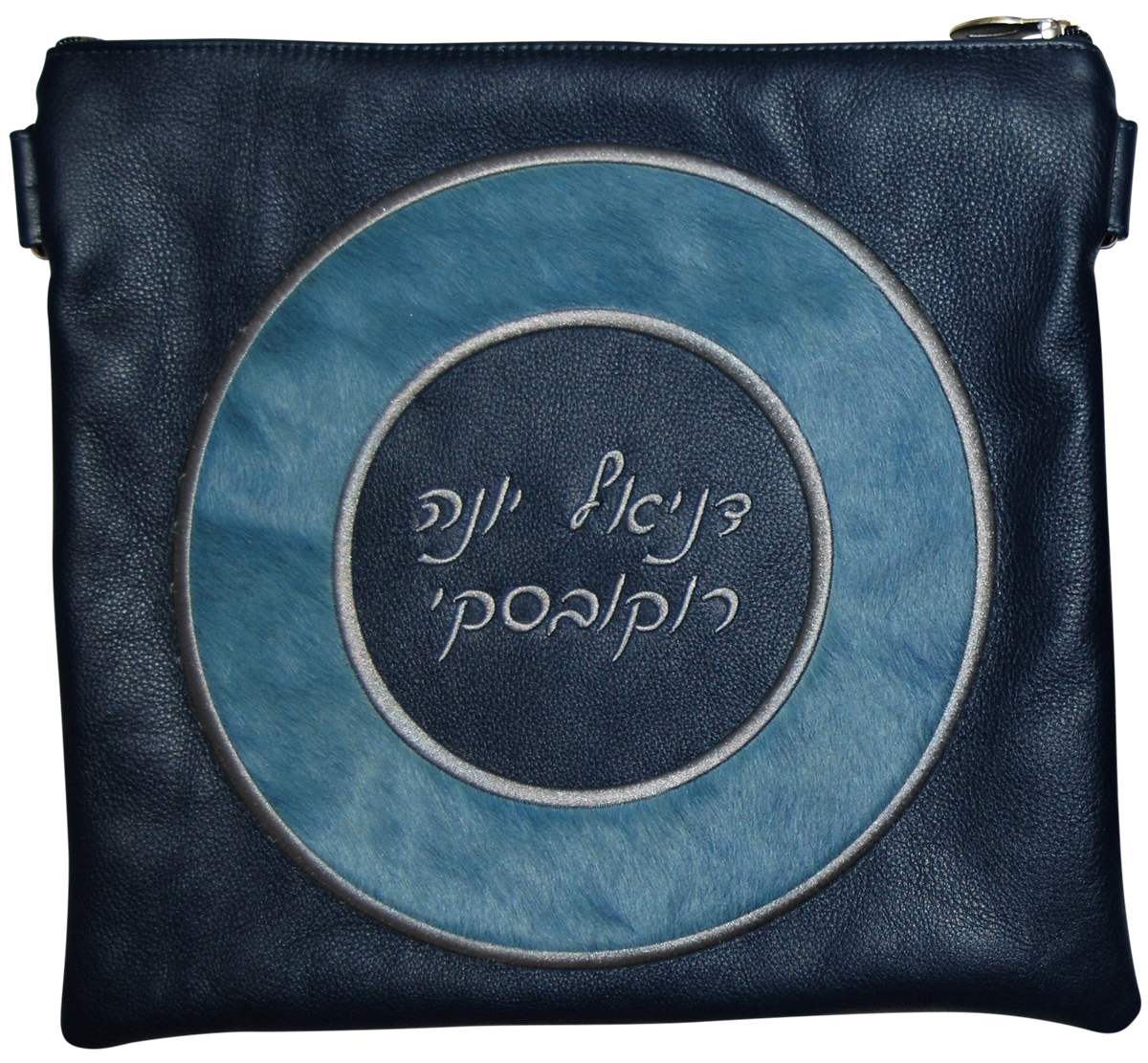 hair-on circle frame design on navy leather