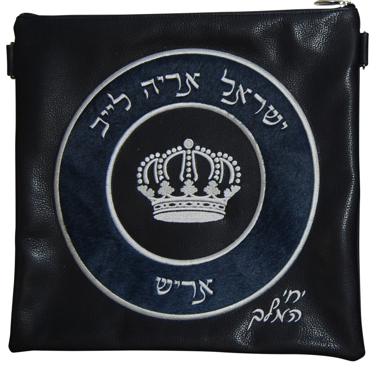 hair-on circle frame design on navy leather with crown embroidery