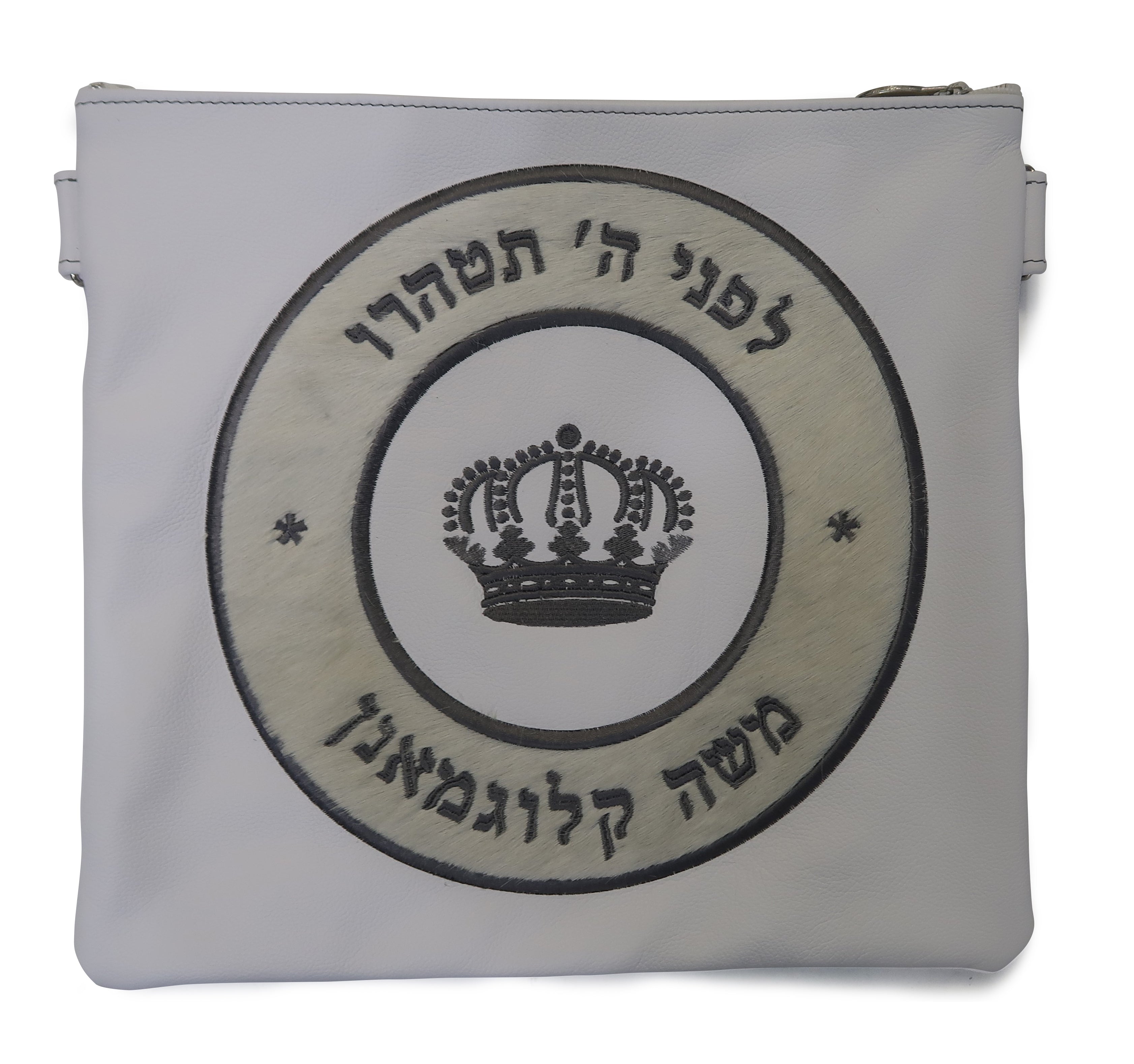 hair-on circle frame design on white leather with crown embroidery