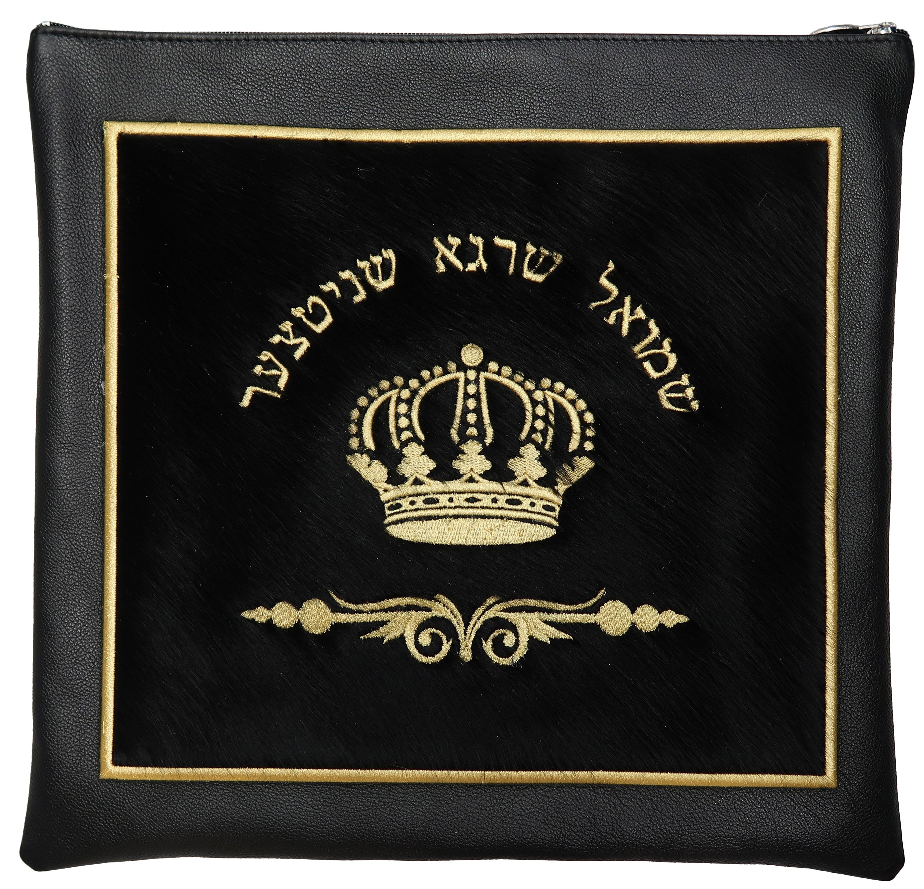 Black leather bag with large black hair square applique with crown and swirl design