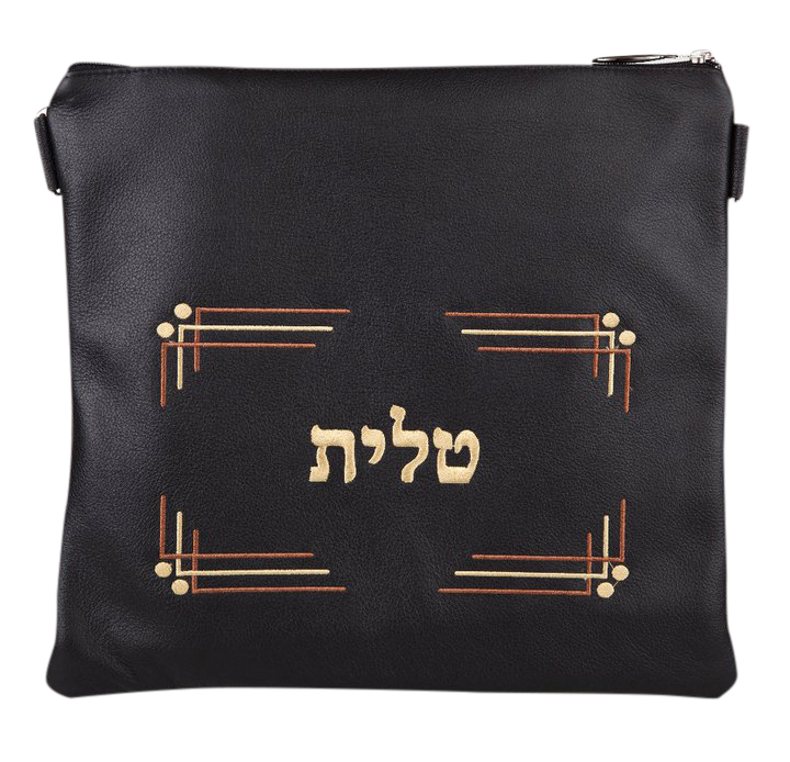 Black Leather Tallis and Tefillin Bag with four corner design