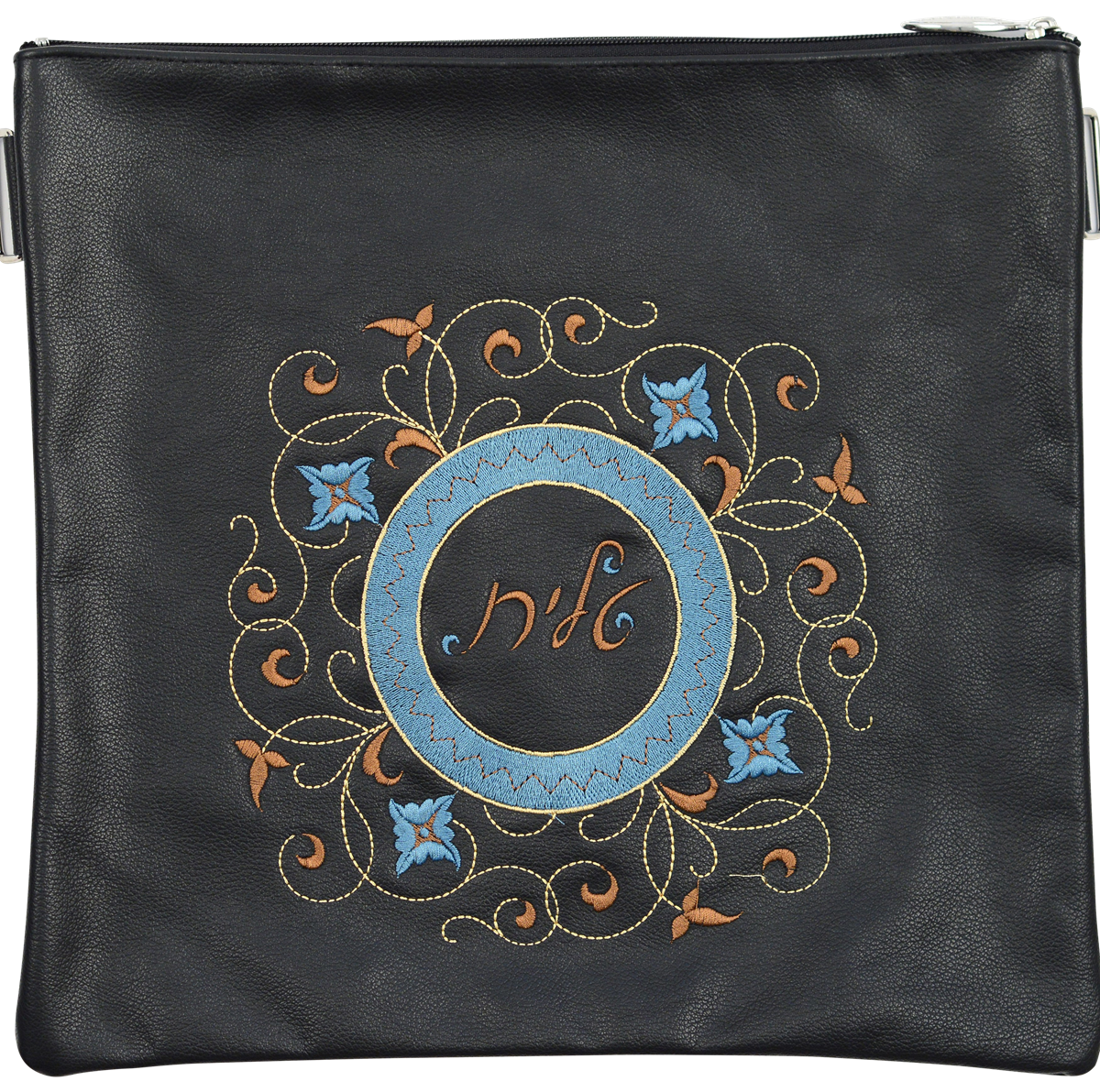 Black Leather Tallis and Tefillin Bag Circular Floral Swirl design