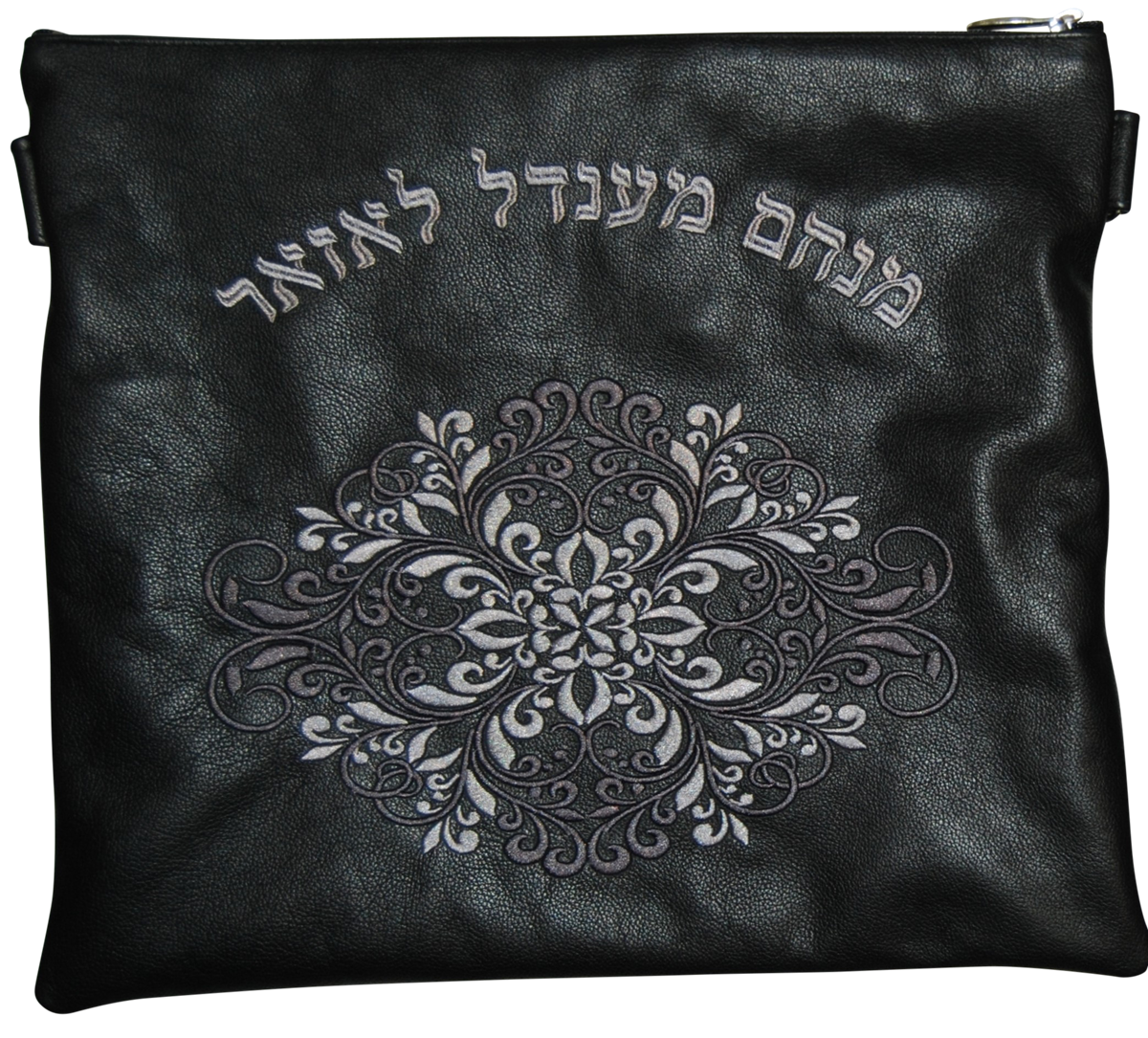 Charcoal leather Tallis Tefillin bag with floral swirl center design