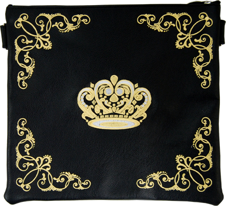 Black leather Tallis and Tefillin bag with four corner swirl design & crown