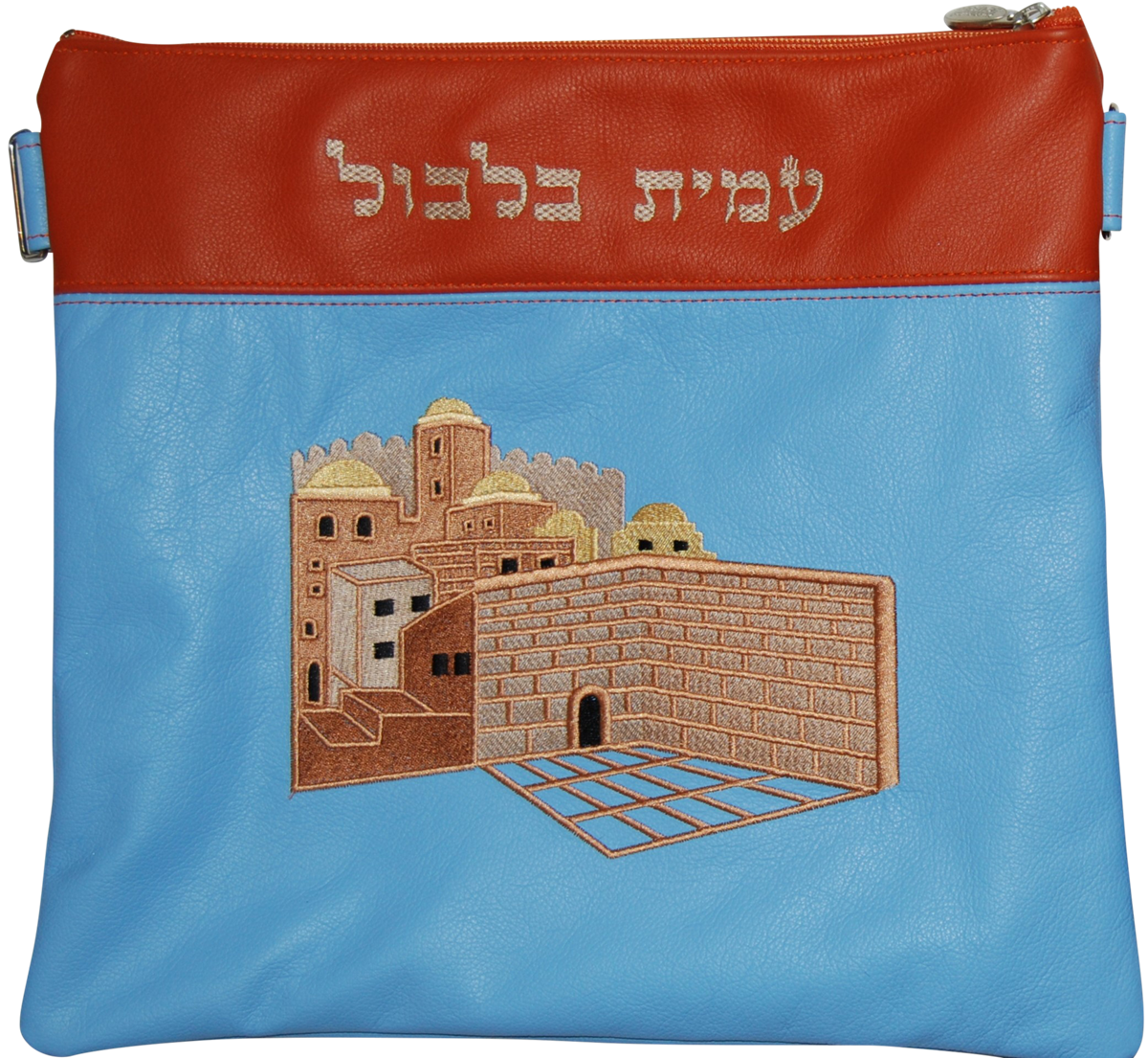 Old city of Yerushayim design on panther blue and orange leather