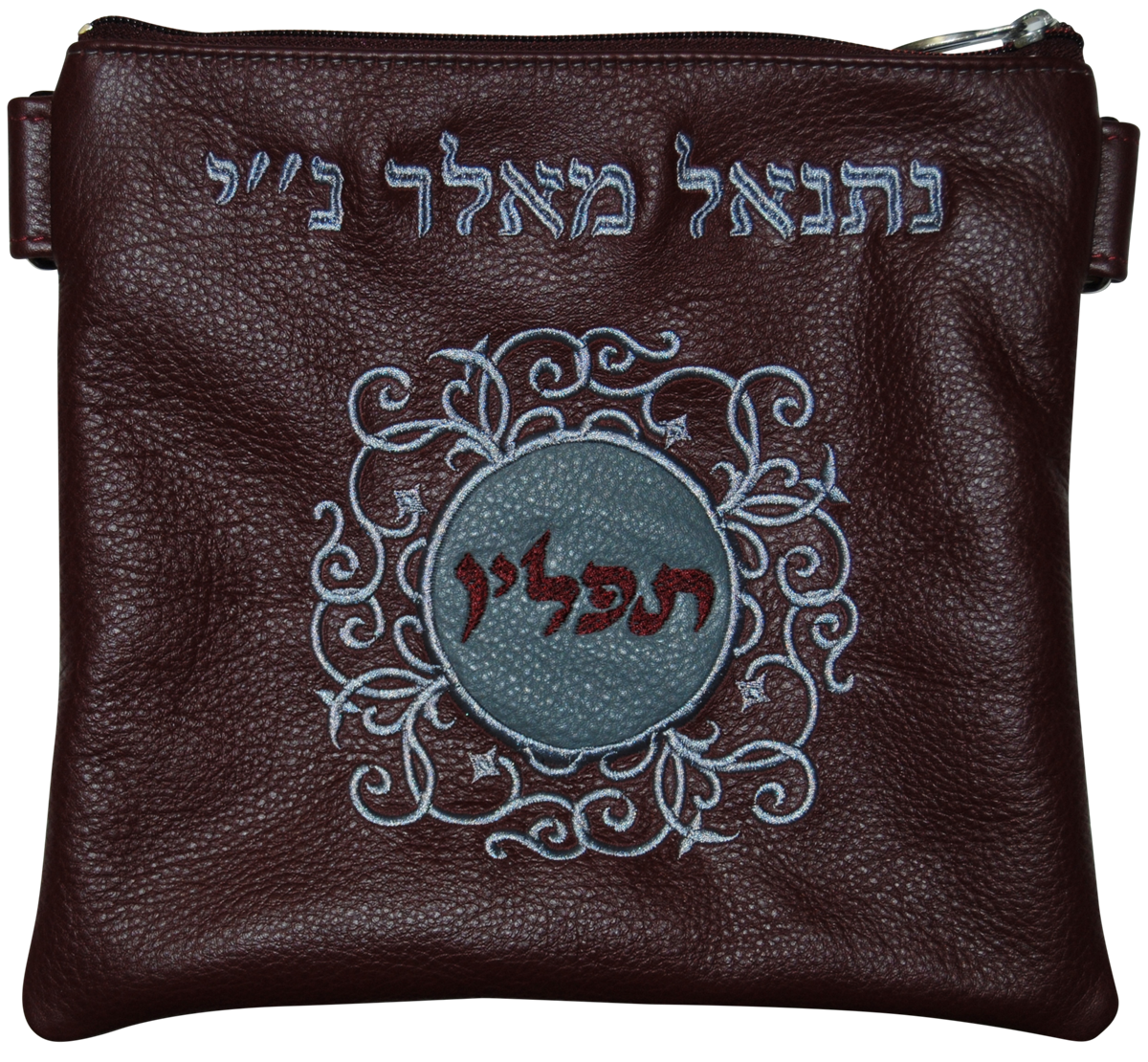 Leather Tallis & Tefillin Bag Circular design with a contrasting Leather patch