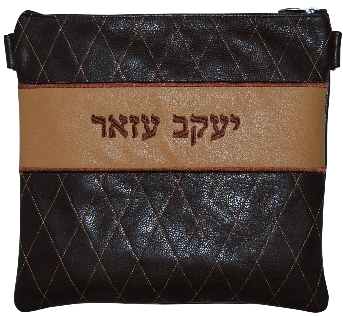 light brown embroidered diamond with coordinating light brown leather center panel for the name