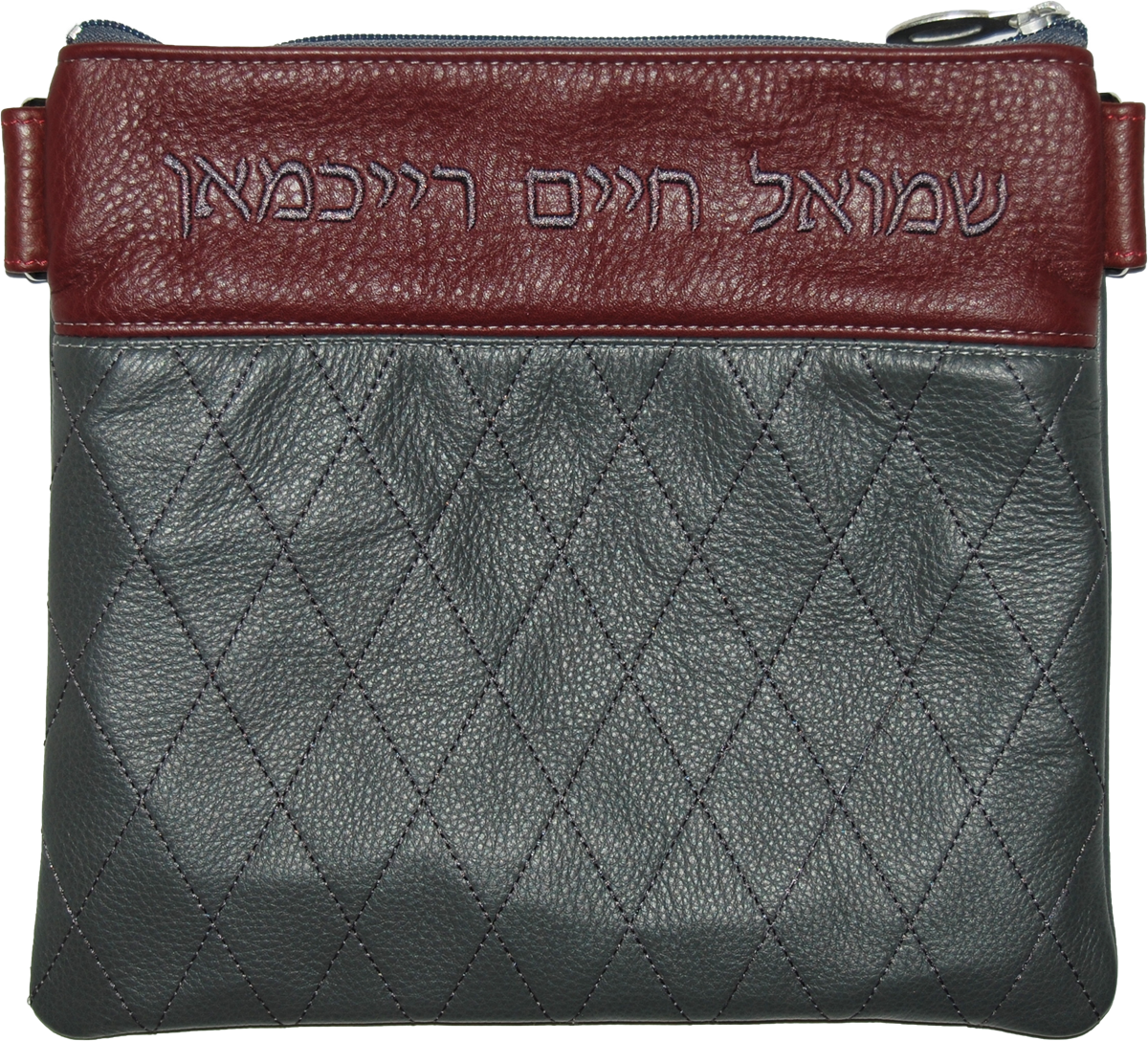 Charcoal embroidered diamonds on charcoal leather with burgundy top strip for name