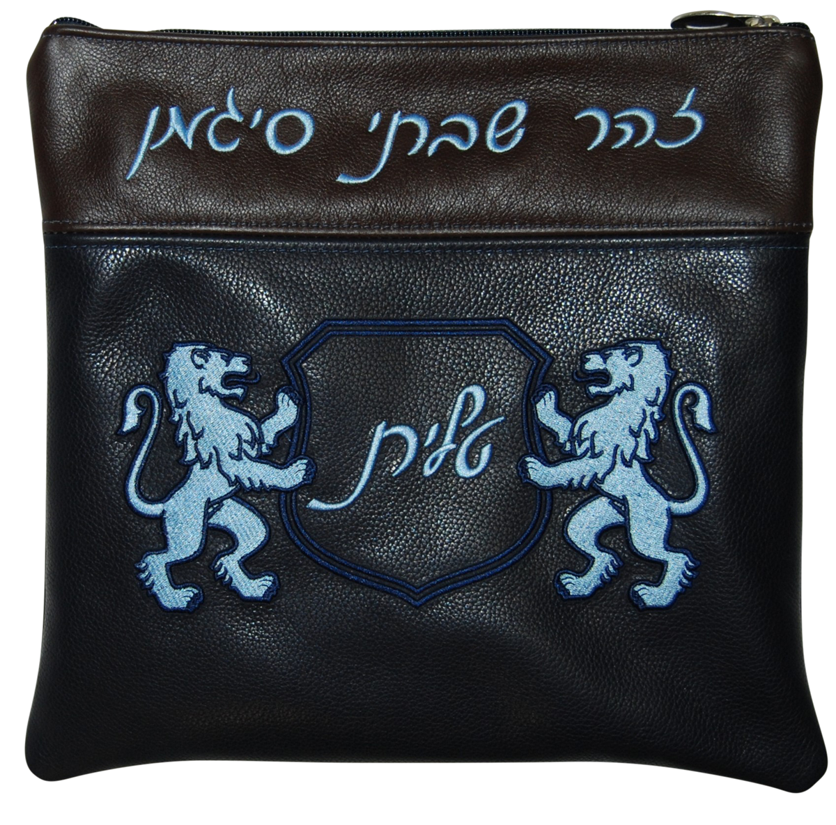 Contemporary Tallis and Tefillin bag with lion and shield on large bottom panel and thin panel for the name