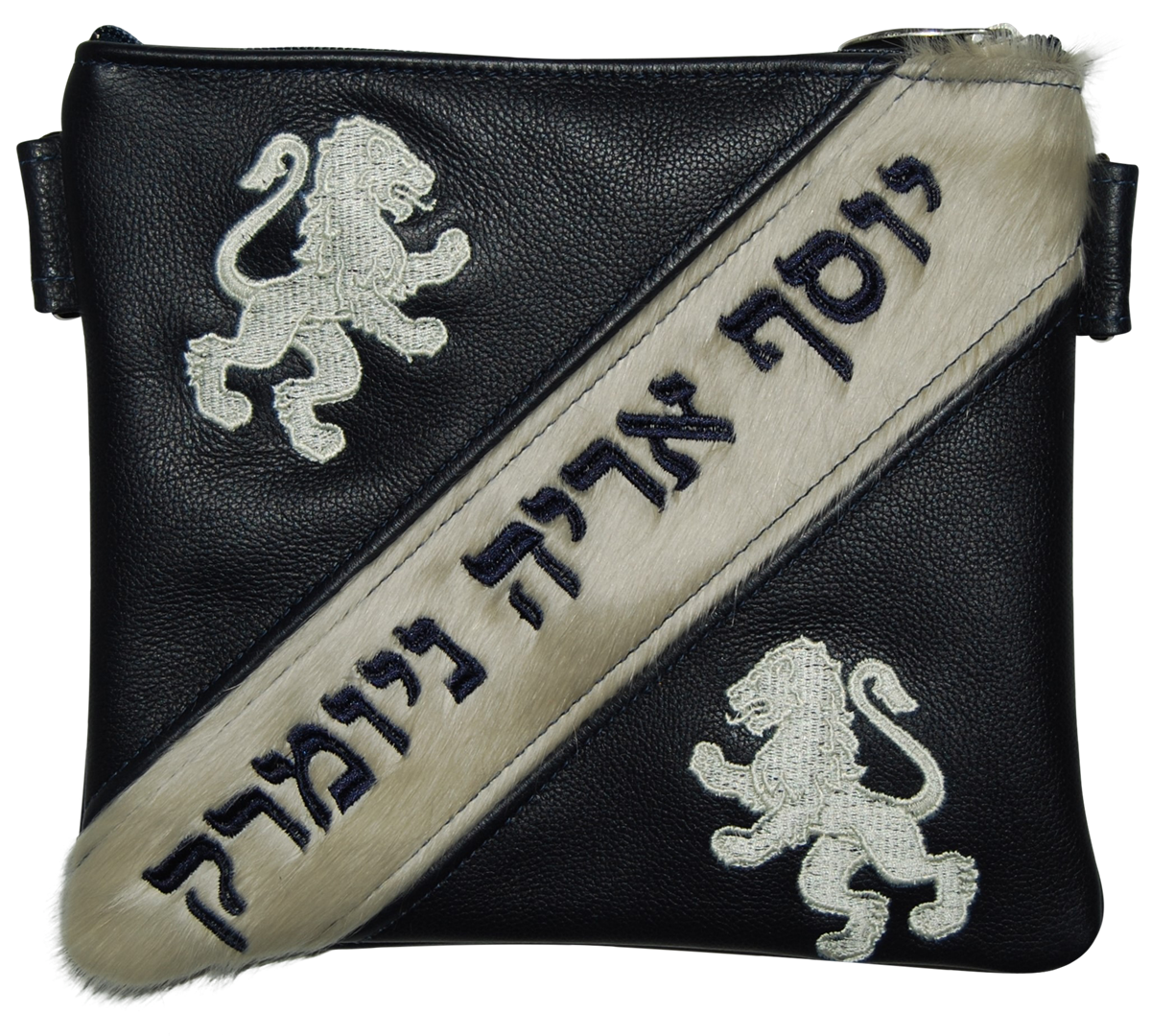 Leather Tallis and Tefillin bag with lions and cream hair-on diagonal strip for name