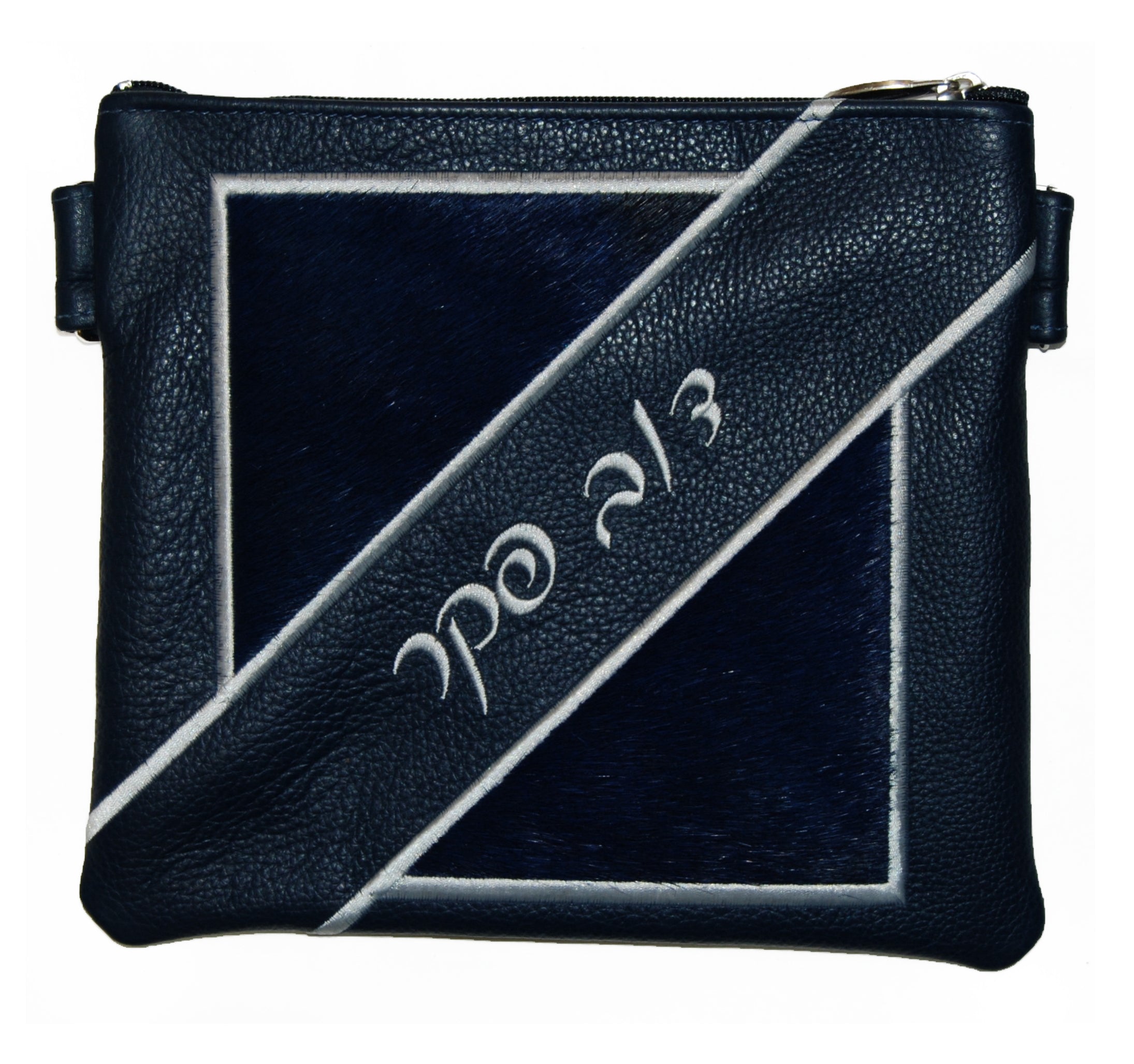 Diagonal Name with open square applique leather tallis and tefillin bag