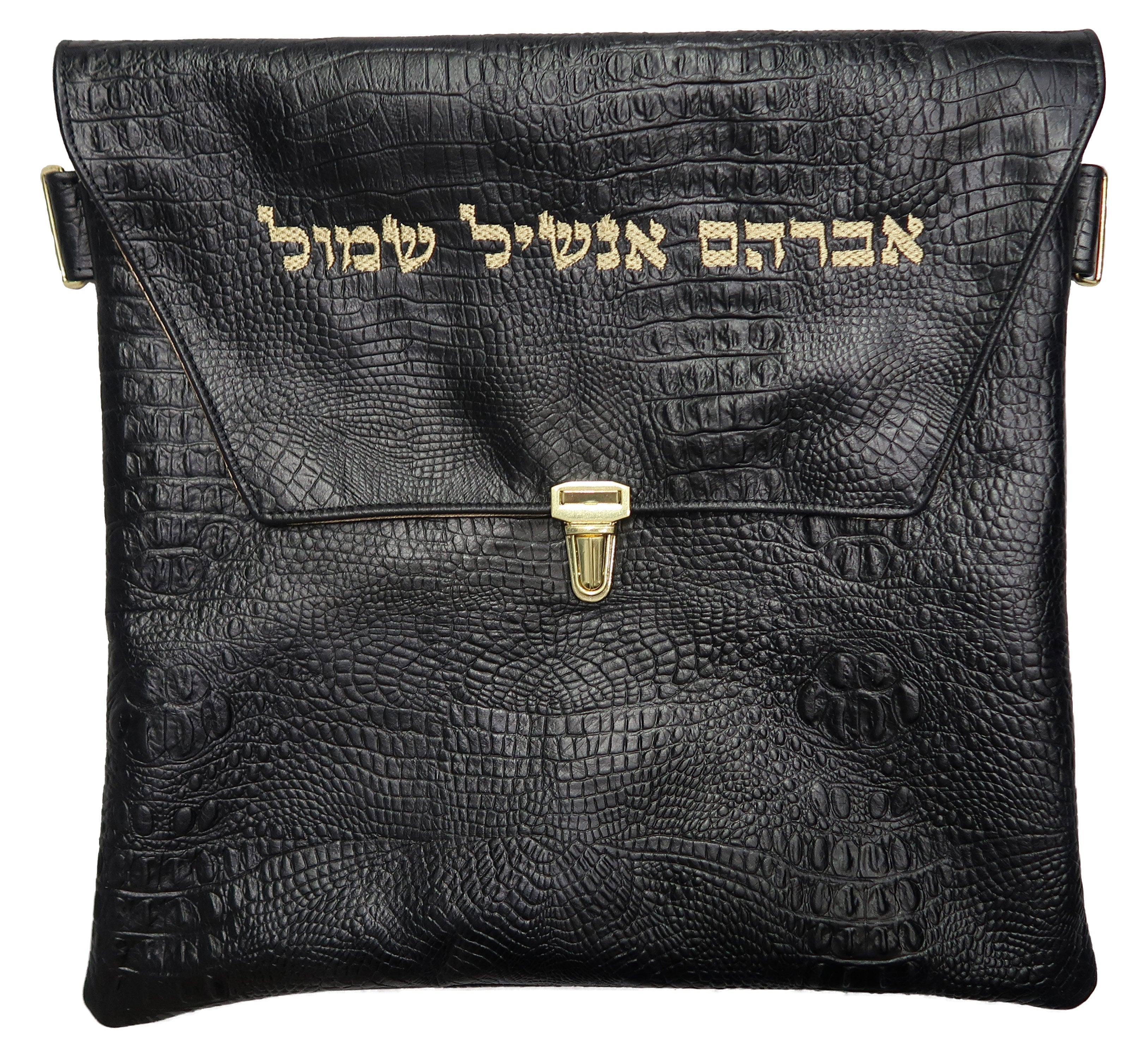 Black Croc Leather Tallis Tefillin Bag with a leather flap and gold hardware